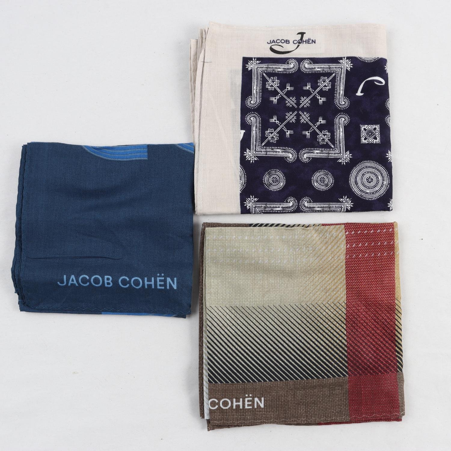 3 stycken scarves, Jacob Cohën, handgjorda, blå, brun