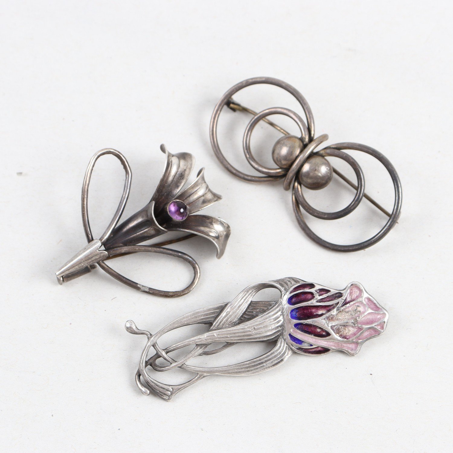 Broscher, silver, lila sten, blommor, vintage, brv: 25,8g