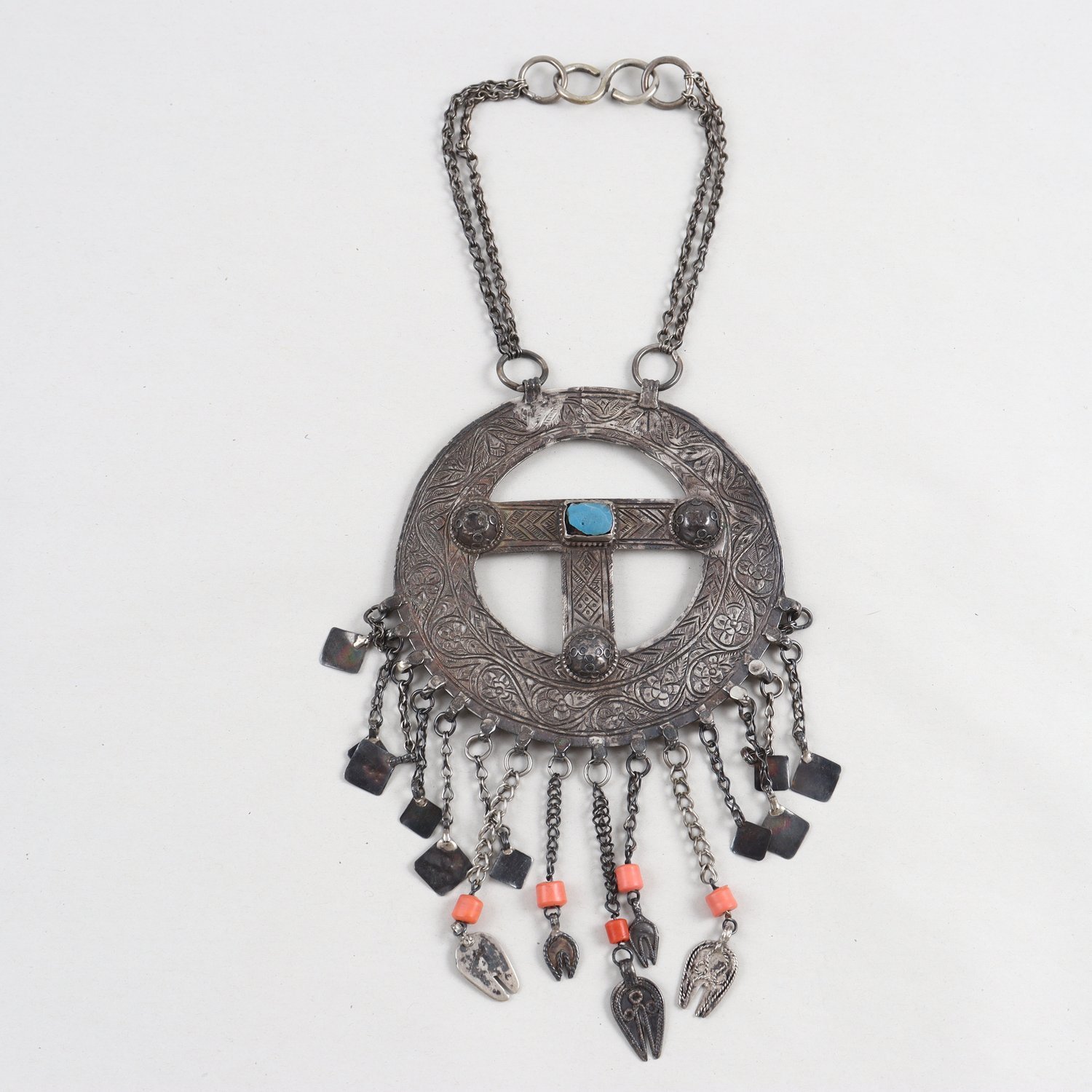 Halsband, amulett, hänge, silver, turkos, brv: 210,8g