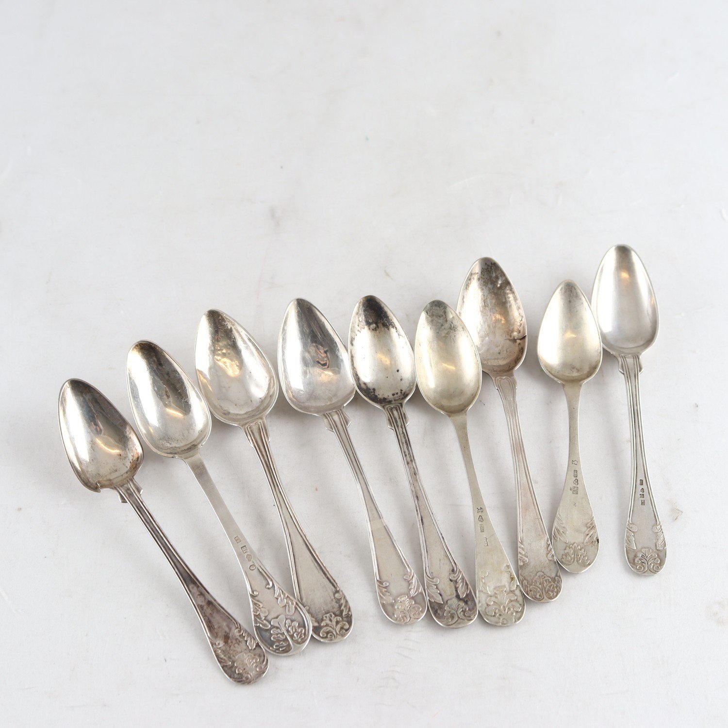 Kaffeskedar, silver, kontrollstämplade, 1800-tal, 9 st.