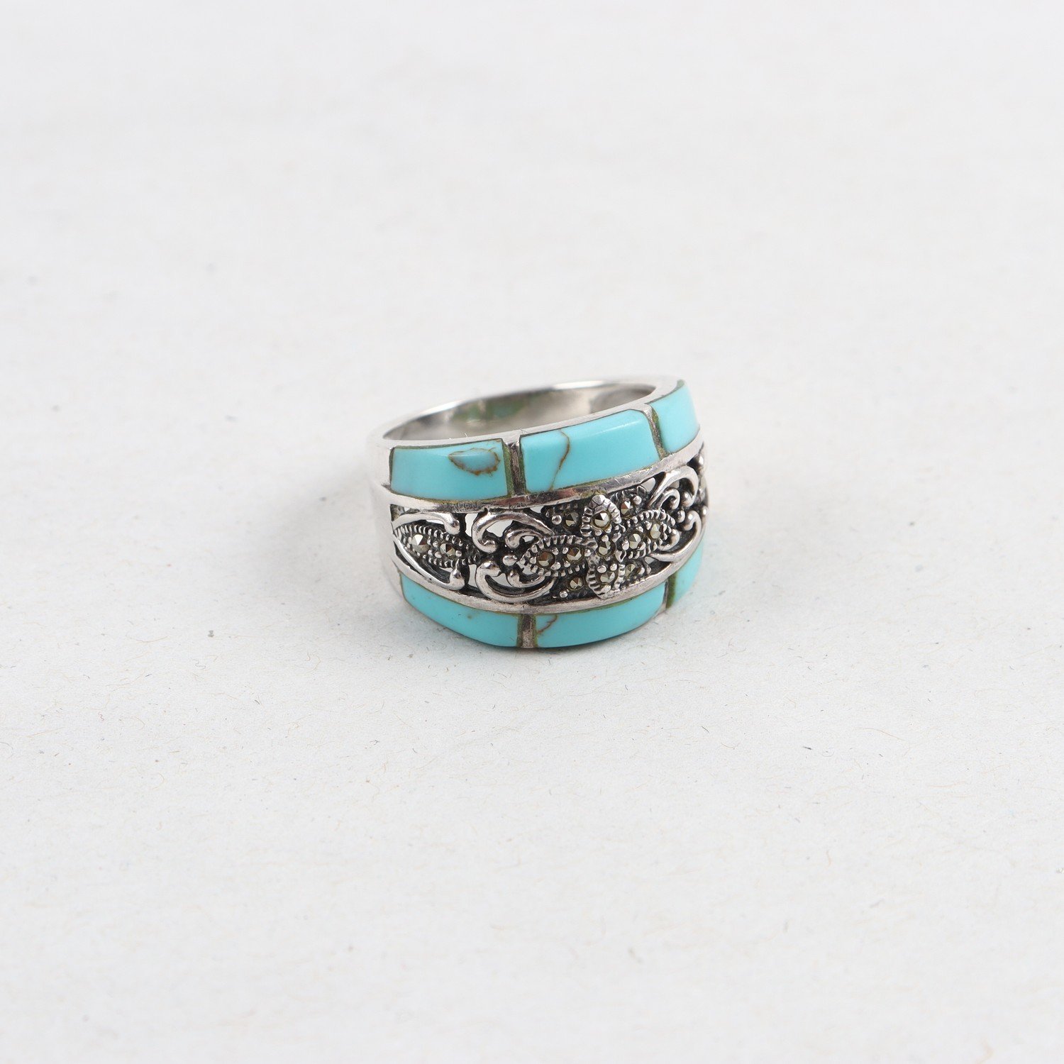 Ring, silver 925, turkoser, markasiter, brv: 6g